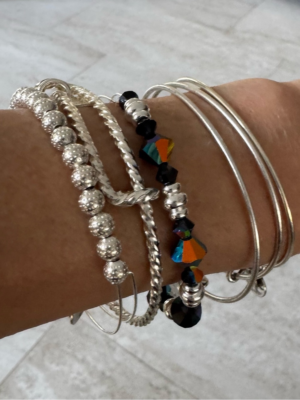 Alex and Ani Silver Multi-Stack Bracelet Set with Iridescent Bead Accents
